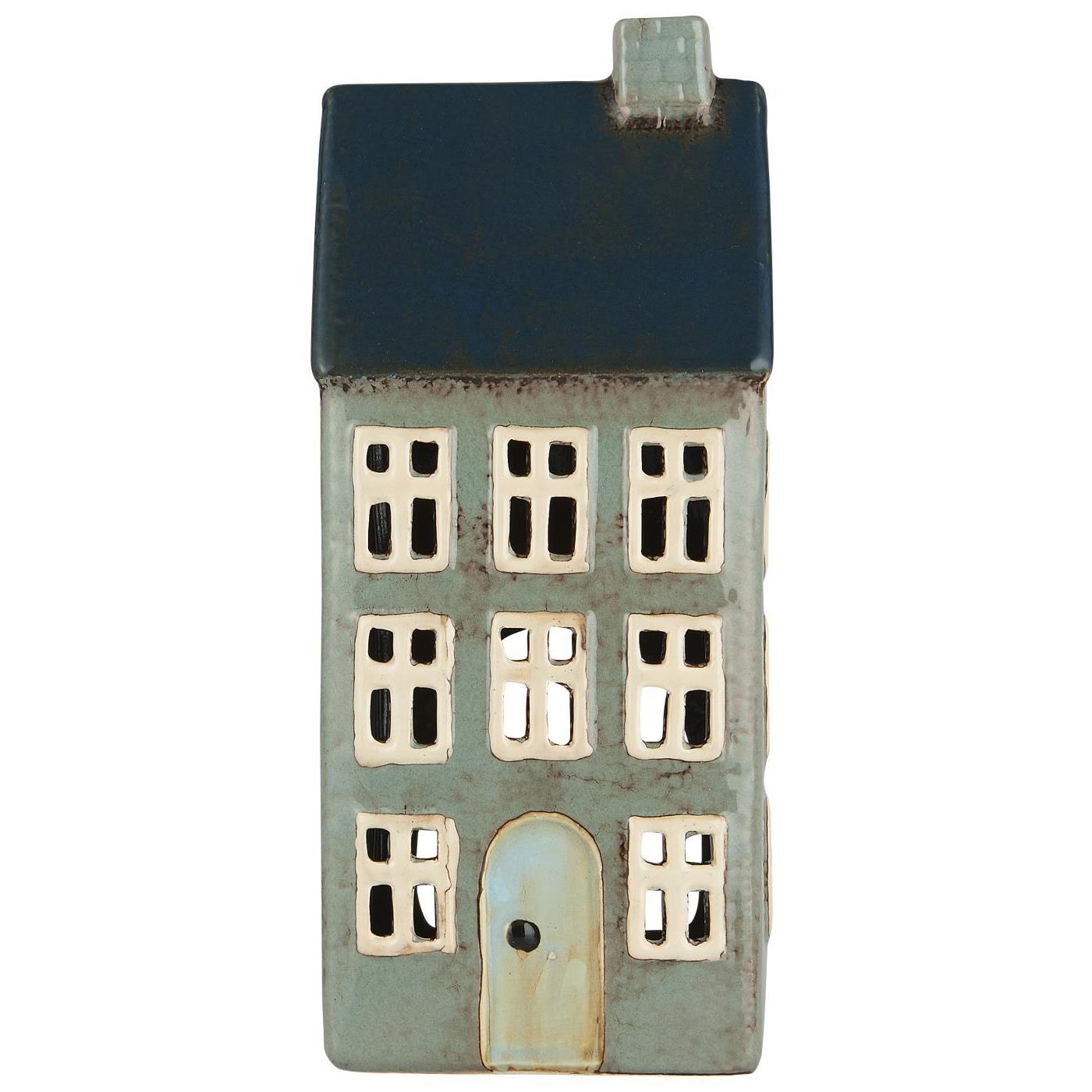 Teelichthaus Nyhavn blau/grünes Dach 1 Schornstein