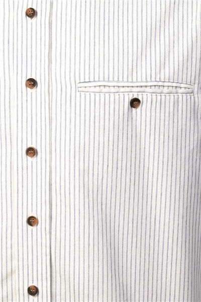 Comfort Cotton Grandfather Shirt mit Stehkragen Blaue Nadelstreifen auf Ecru