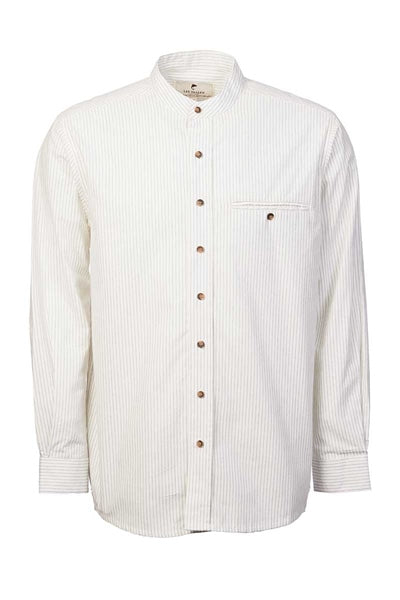 Comfort Cotton Grandfather Shirt mit Stehkragen Blaue Nadelstreifen auf Ecru