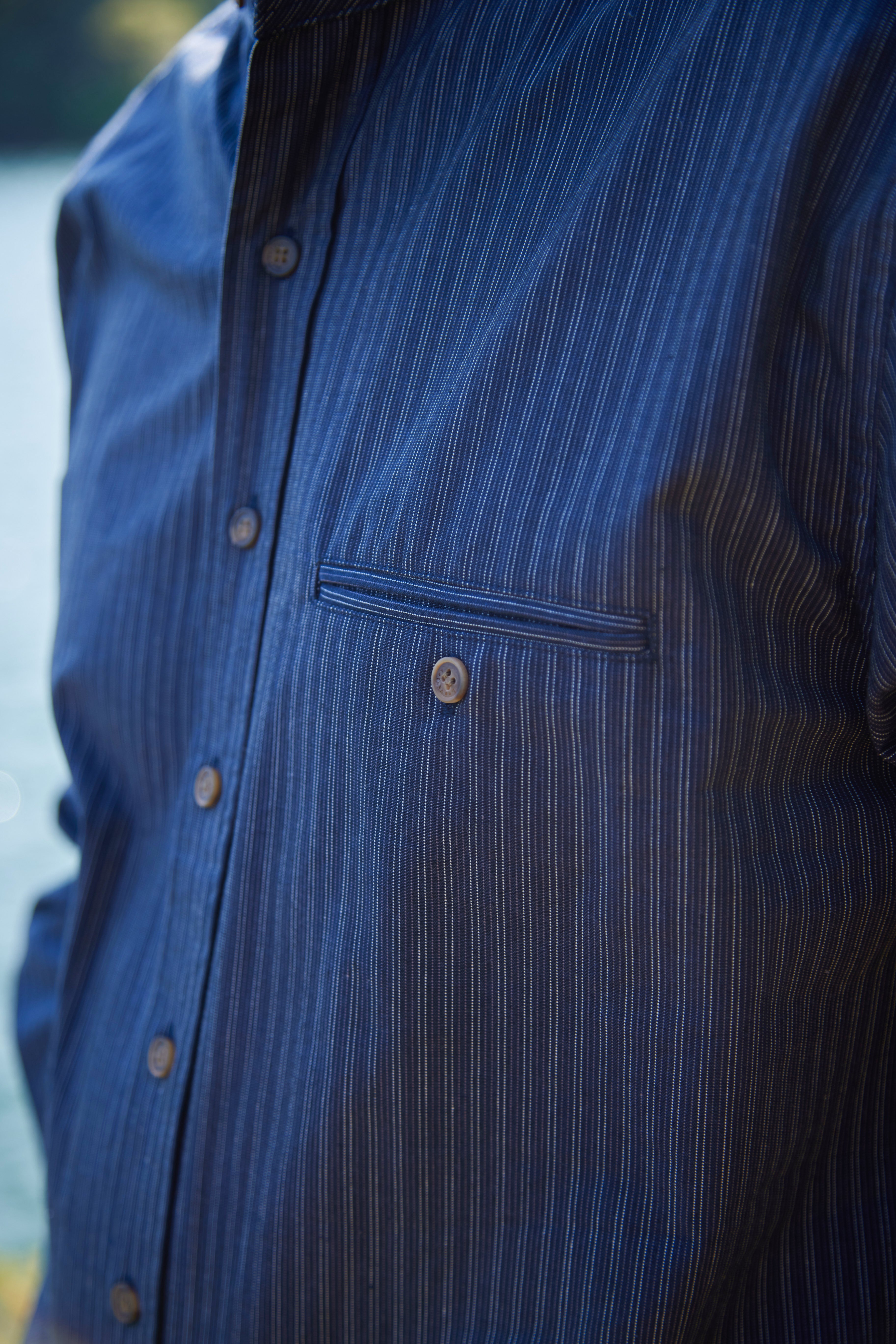 Comfort Cotton Grandfather Shirt mit Stehkragen Navy Weiß gestreift