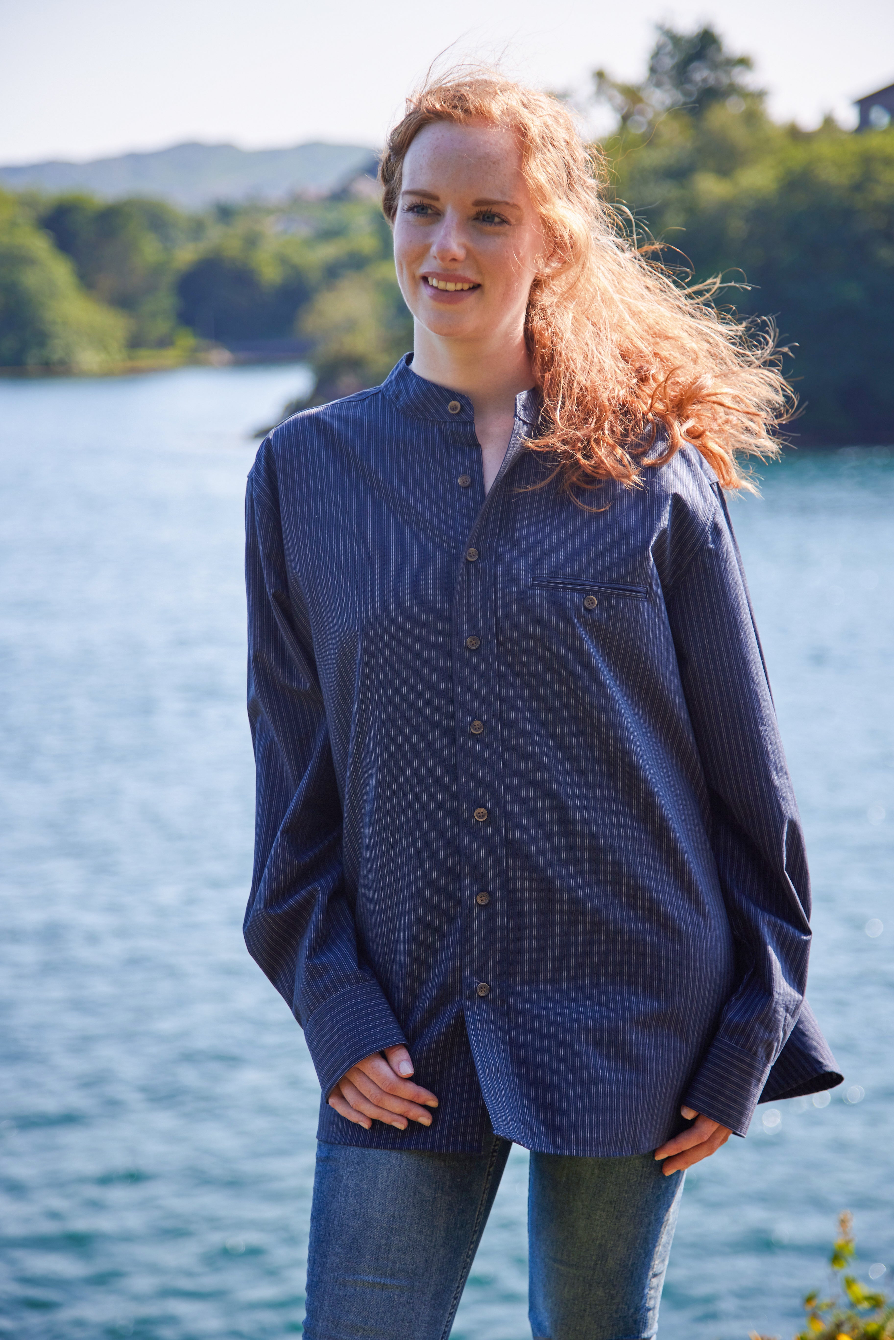 Comfort Cotton Grandfather Shirt mit Stehkragen Navy Weiß gestreift