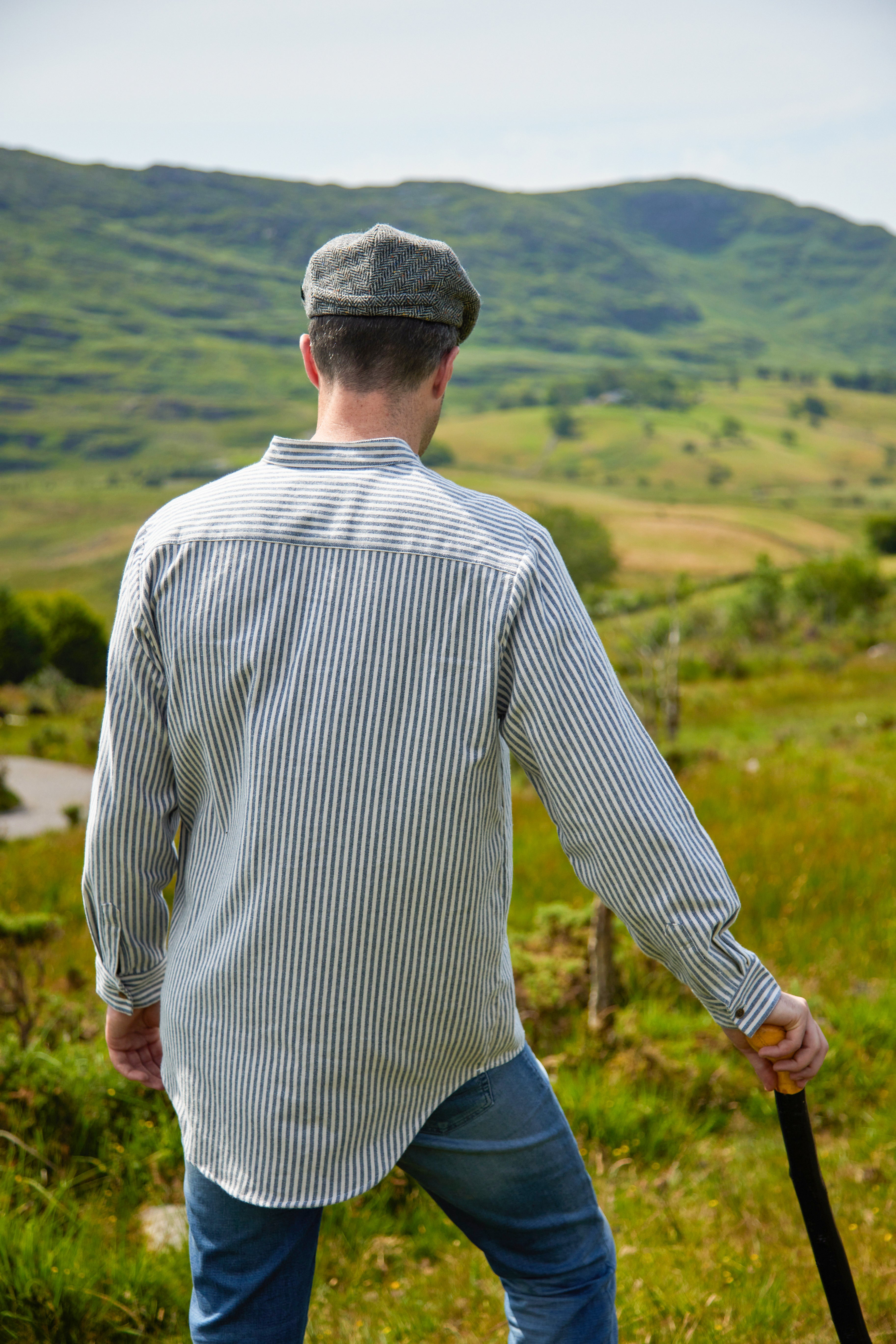 Flanell Grandfather Shirt mit Stehkragen Blue/Cream