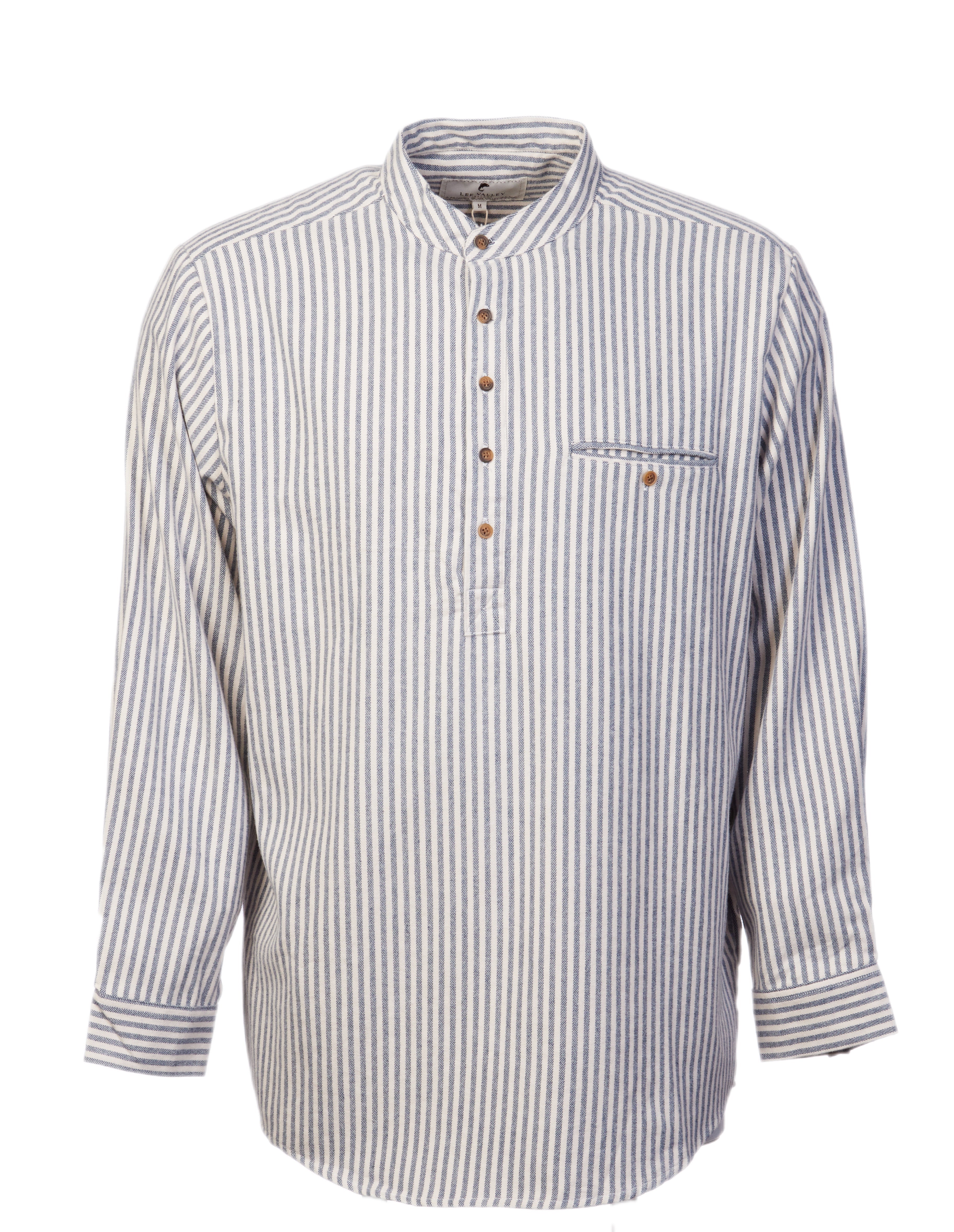 Flanell Grandfather Shirt mit Stehkragen Blue/Cream