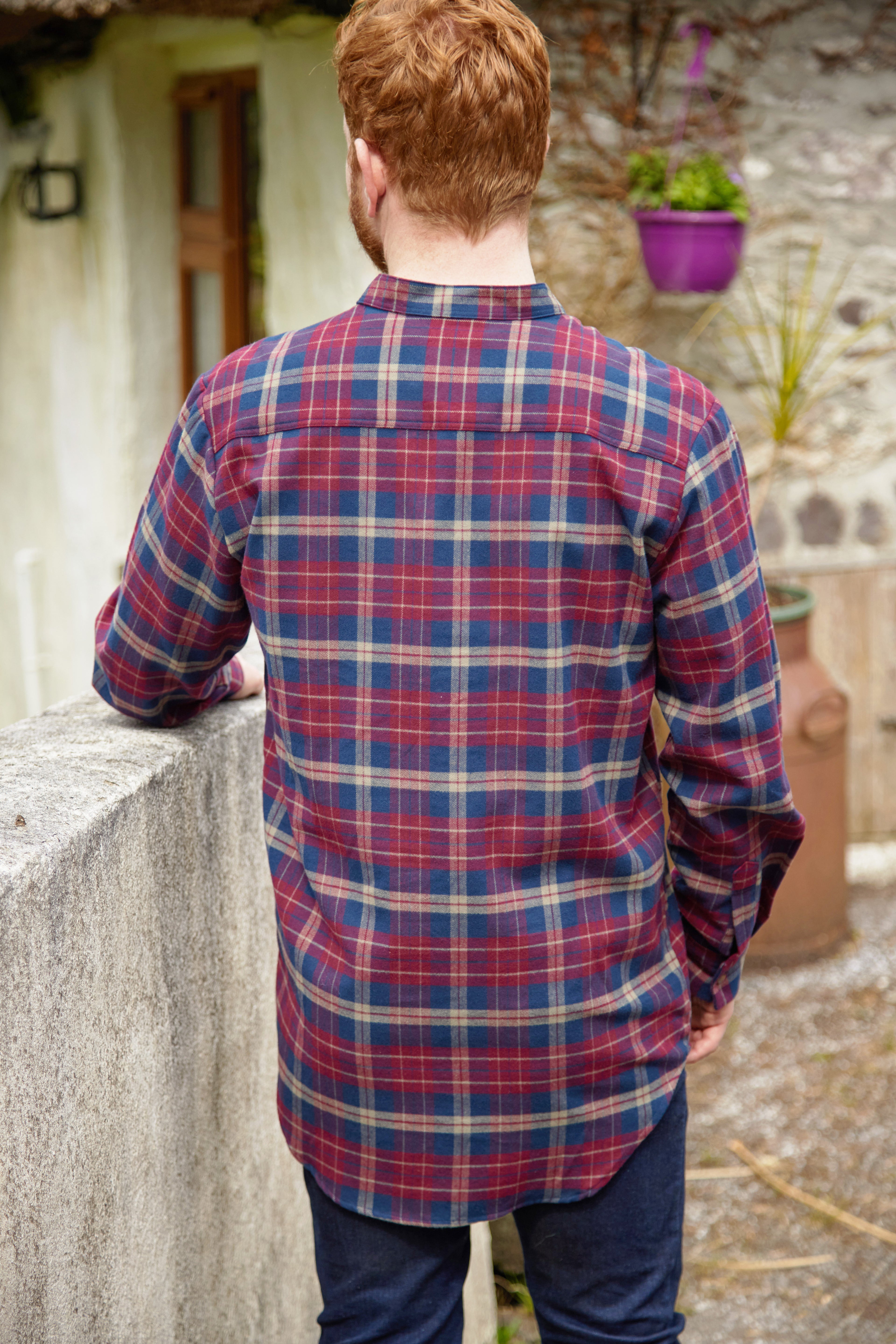 Flanell Grandfather Shirt mit Stehkragen Maroon/Navy kariert