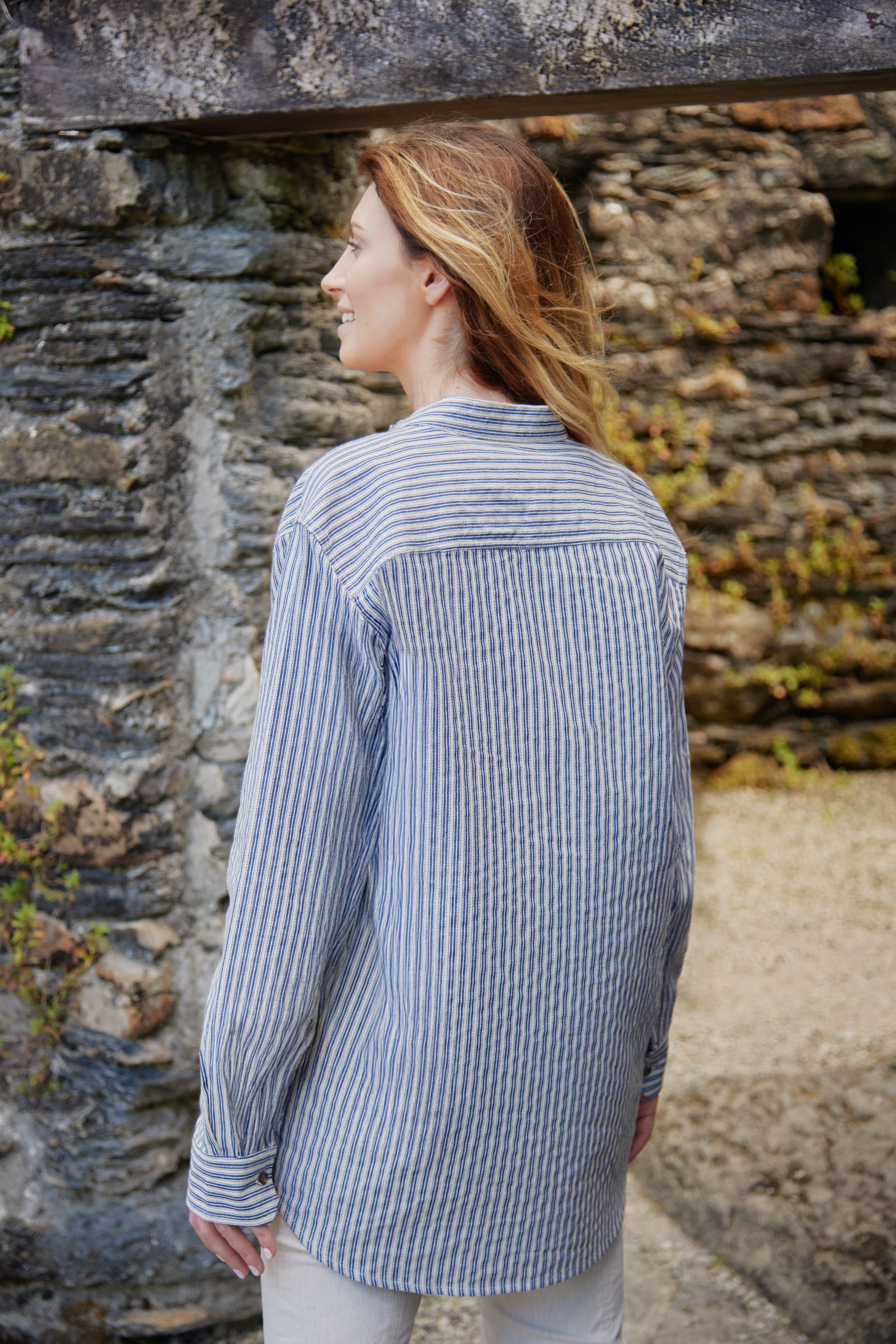 Comfort Cotton Grandfather Shirt mit Stehkragen Navy Ecru gestreift