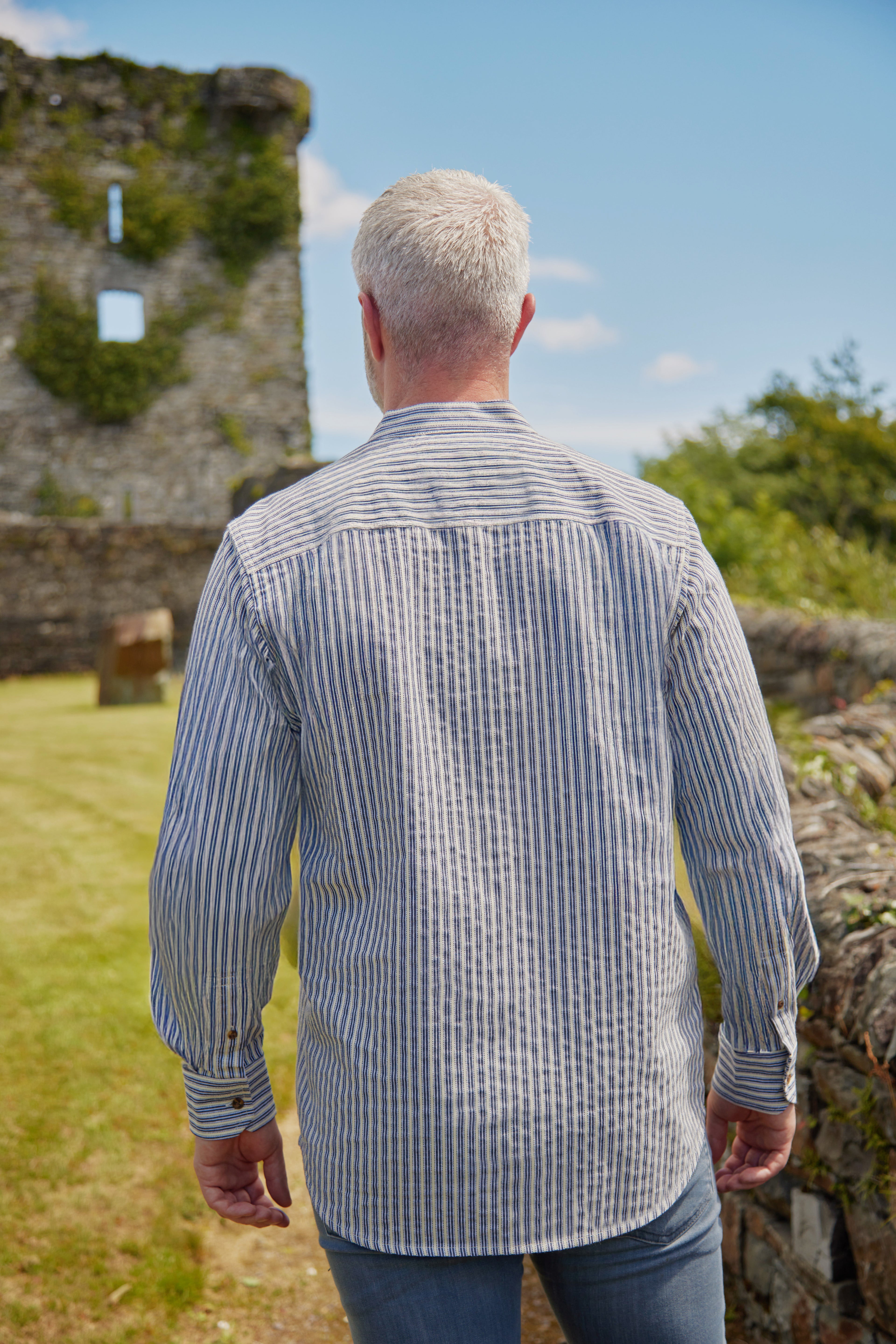 Comfort Cotton Grandfather Shirt mit Stehkragen Navy Ecru gestreift