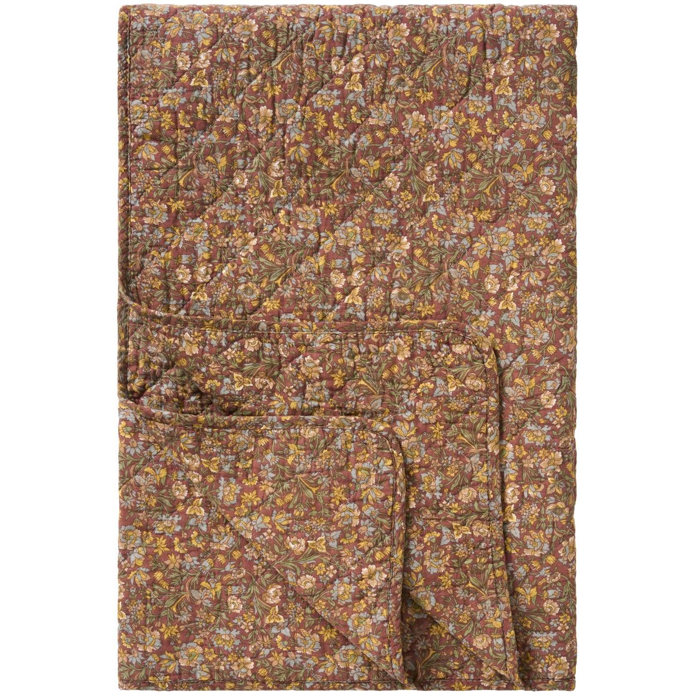 Quilt staubig bordeaux mit blauen, gelben und grünen Blumen