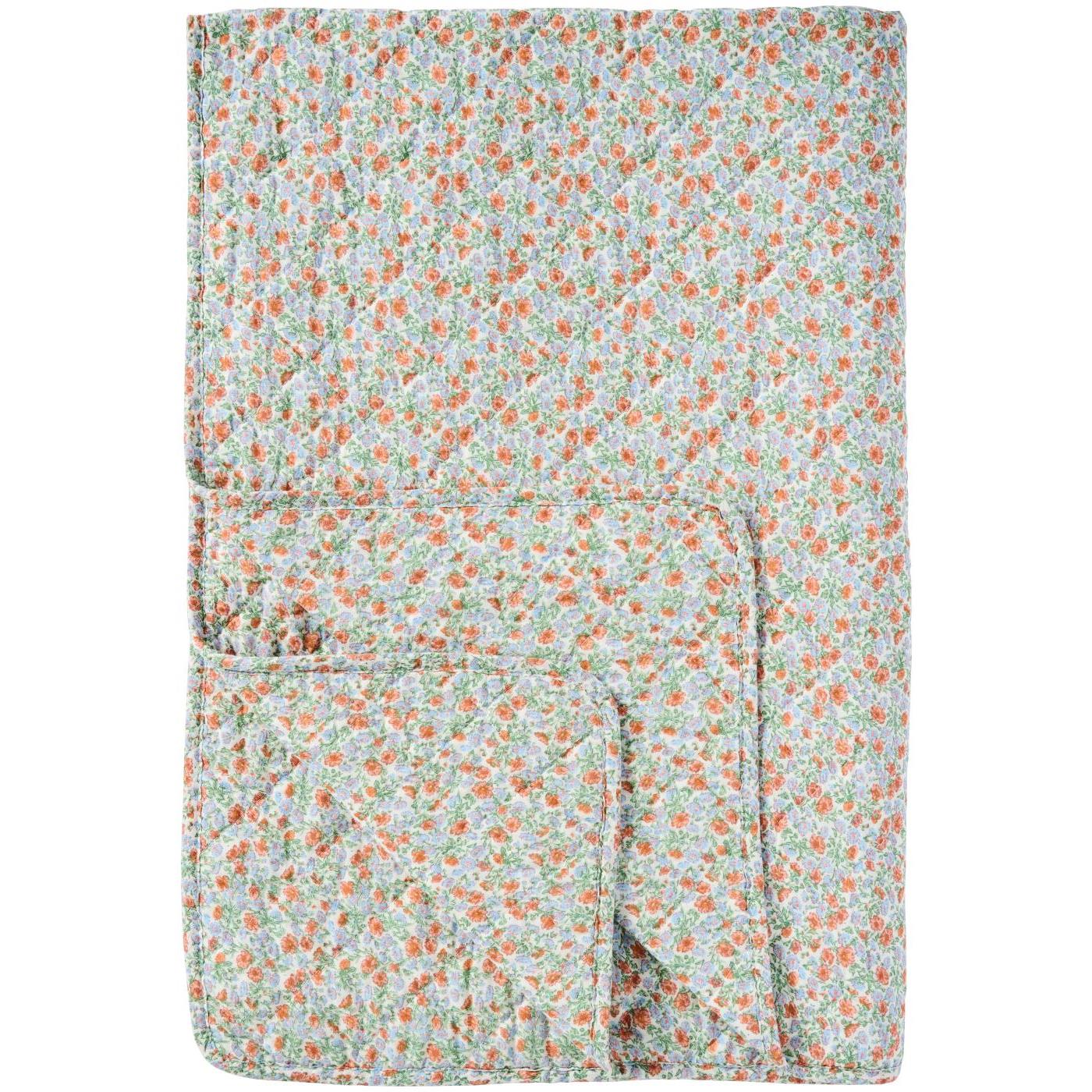 Quilt mit hellblauen und orangen Blumen