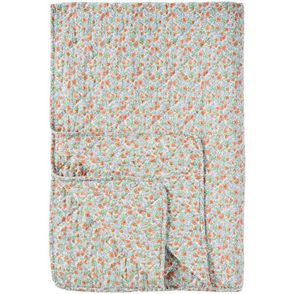 Quilt mit hellblauen und orangen Blumen