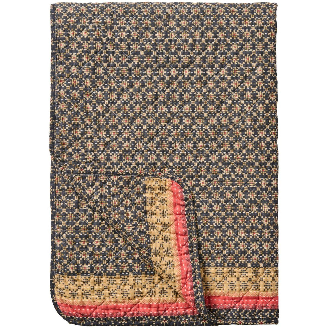 Quilt dunkelblau mit rosa und naturfarbigem Muster