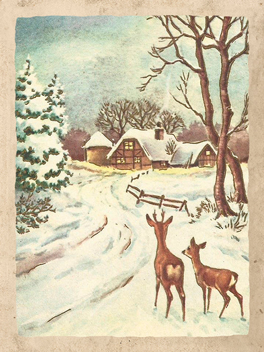 Vintage Druck Winterwald Rehe 18 x 24 cm