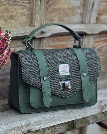 The Medium Satchel Leather Dark Green Herringbone