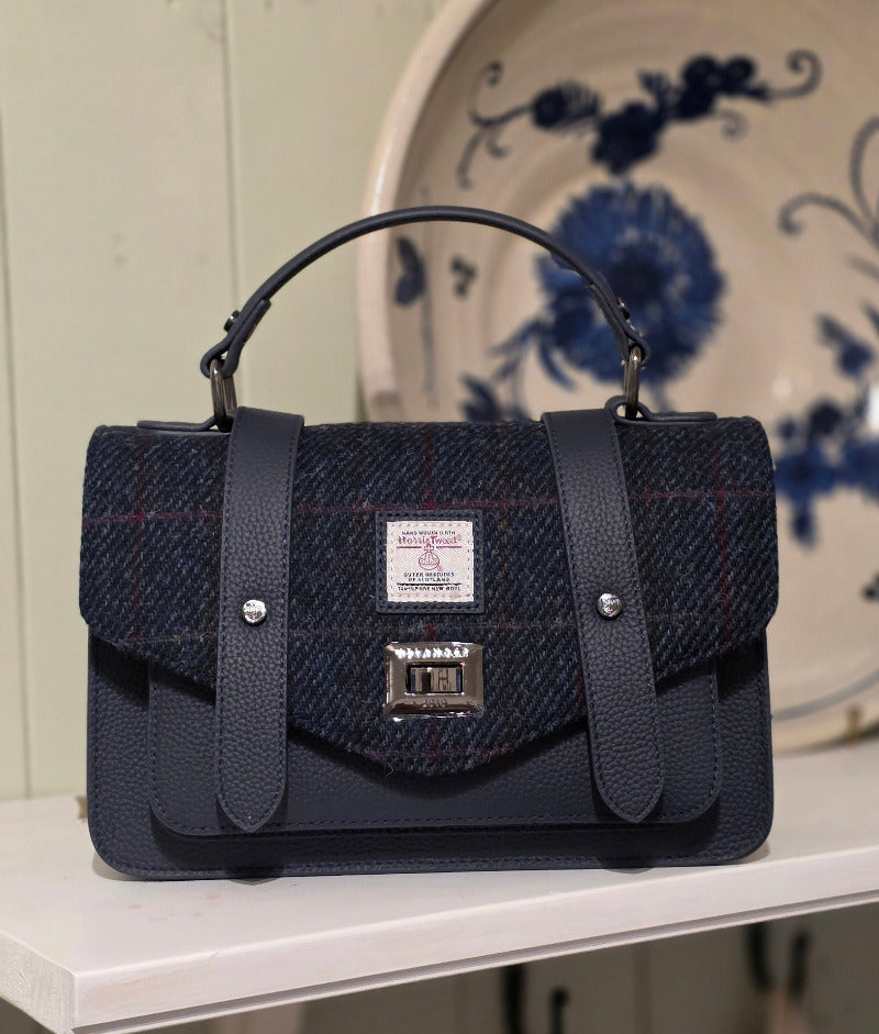 The Medium Satchel Leather Navy Over-Check