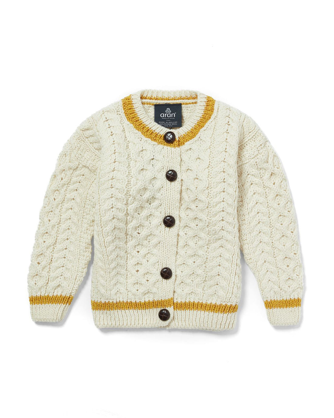 Kinder Aran-Strickjacke – mit orange-gelben Streifen, 100 % Merinowolle