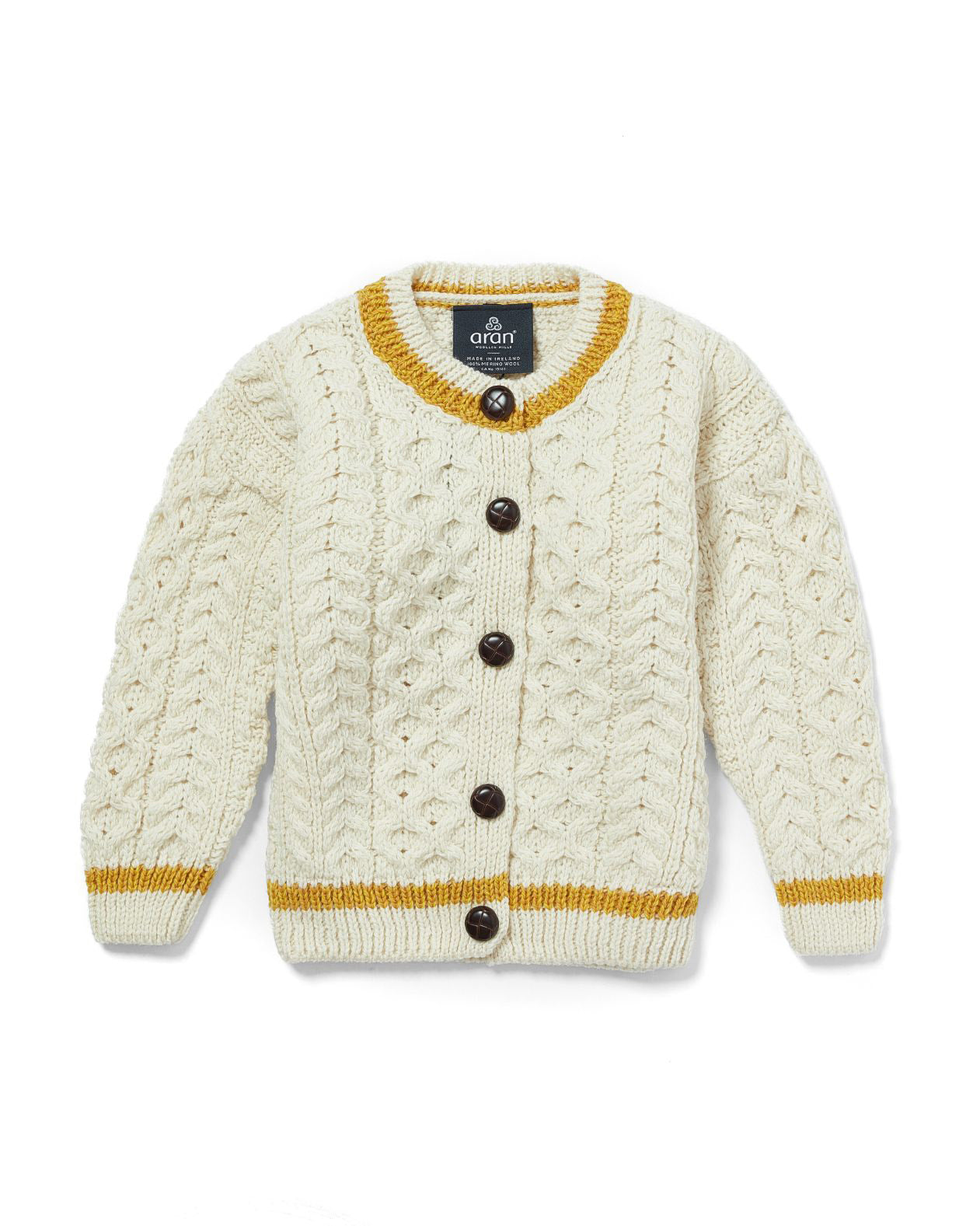 Kinder Aran-Strickjacke – mit orange-gelben Streifen, 100 % Merinowolle