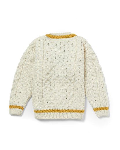 Kinder Aran-Strickjacke – mit orange-gelben Streifen, 100 % Merinowolle