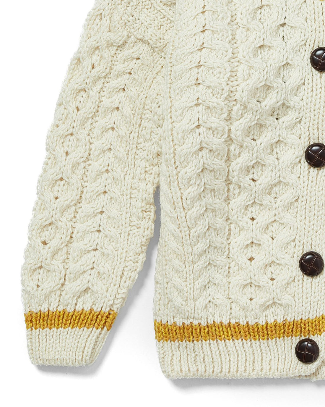 Kinder Aran-Strickjacke – mit orange-gelben Streifen, 100 % Merinowolle