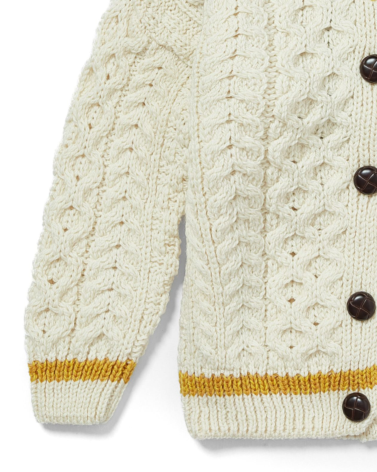 Kinder Aran-Strickjacke – mit orange-gelben Streifen, 100 % Merinowolle