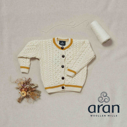 Kinder Aran-Strickjacke – mit orange-gelben Streifen, 100 % Merinowolle