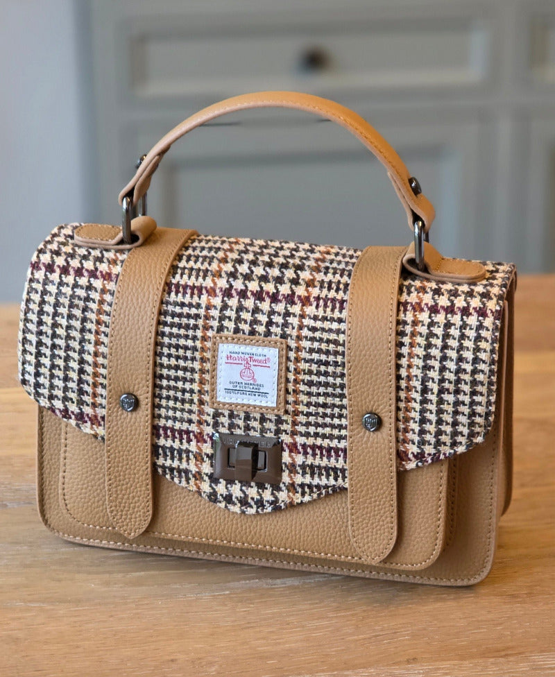 The Leather Medium Satchel Beige Dogtooth