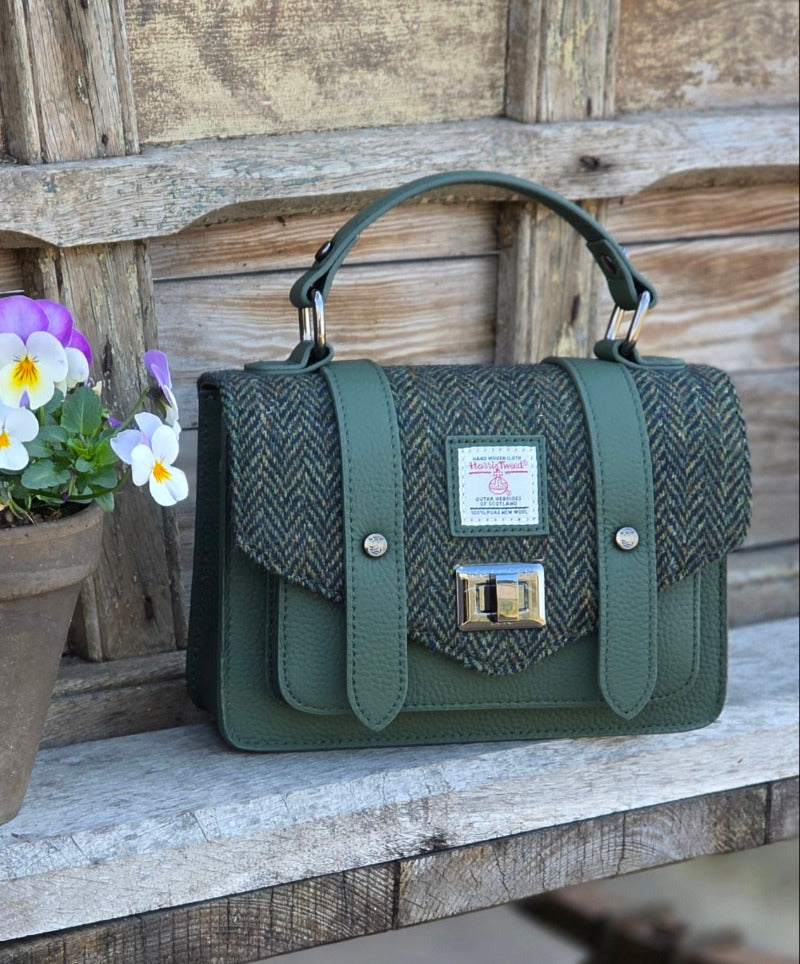 The Mini Satchel Leather Dark Green Herringbone