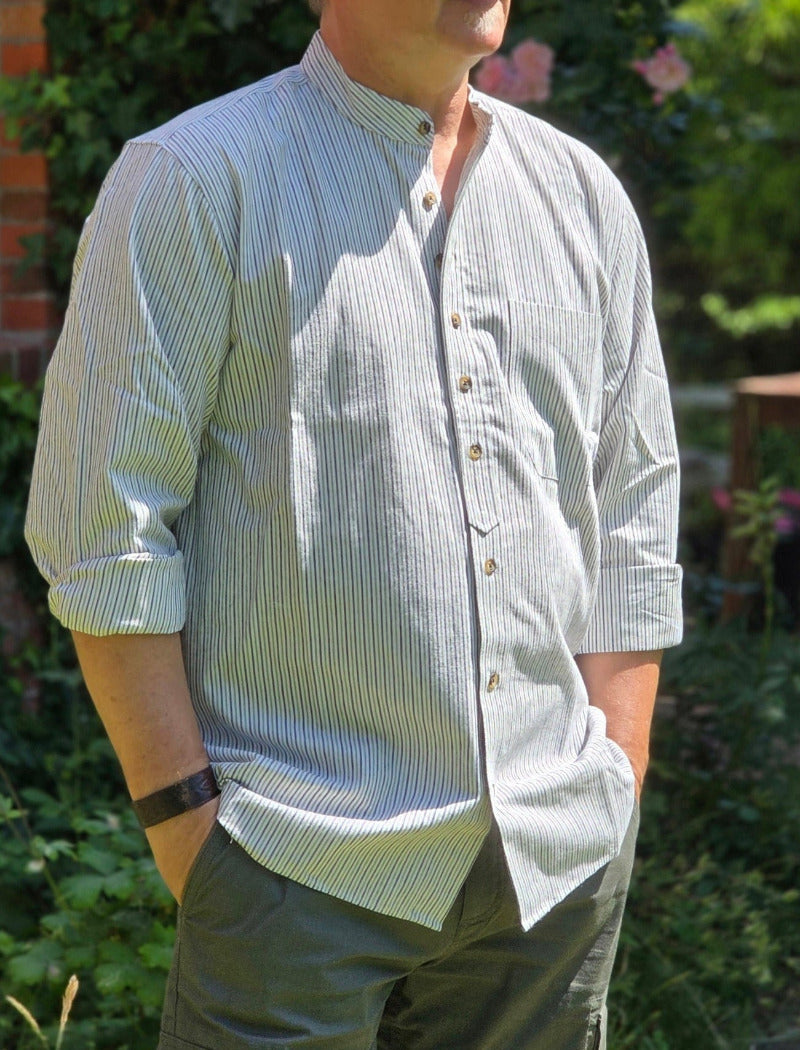 Vintage Grandfather Shirt mit Stehkragen Navy Weiß gestreift
