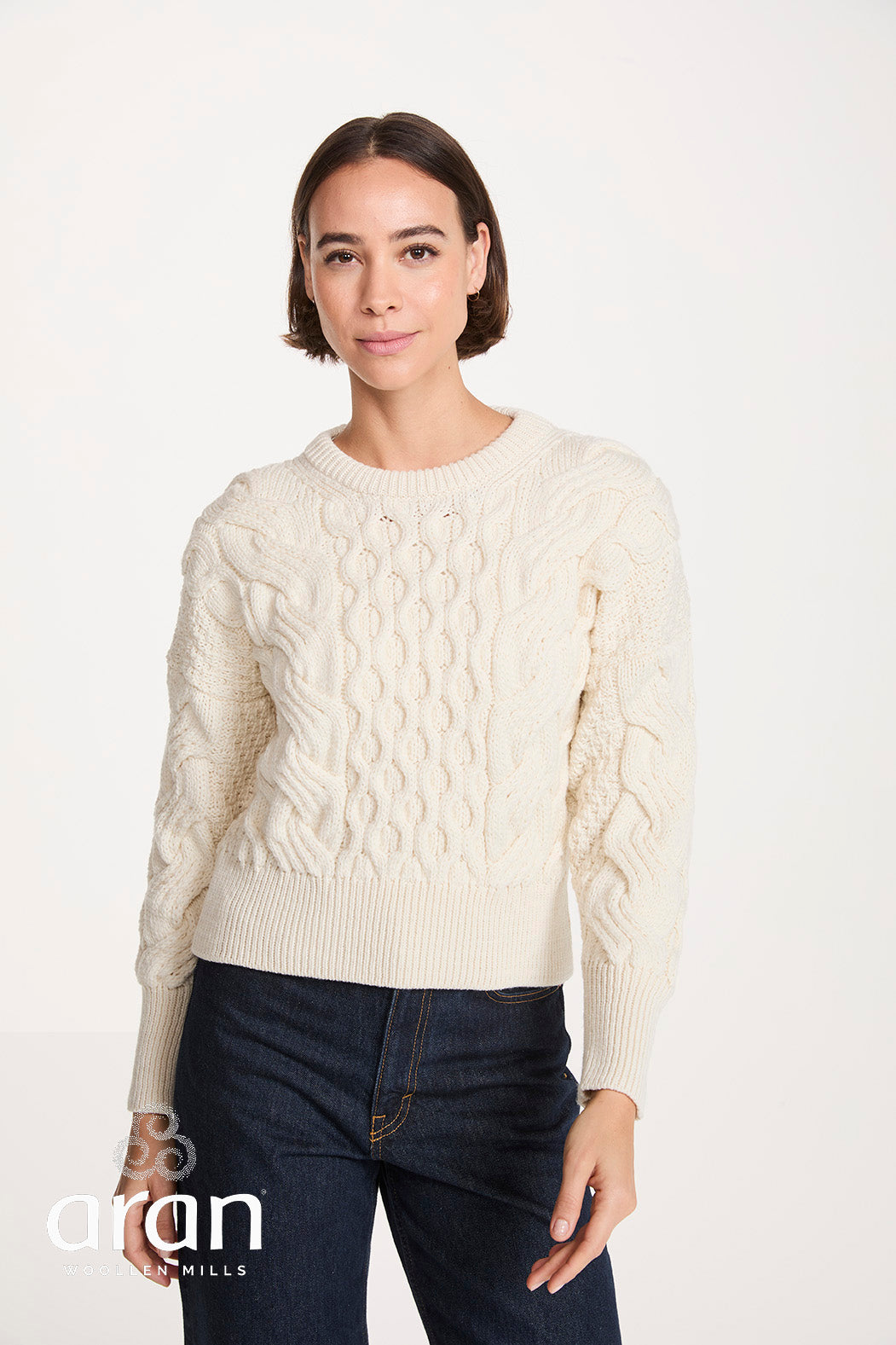 Moderner Zopfpullover in verkürzter Länge - Supersoft Merino