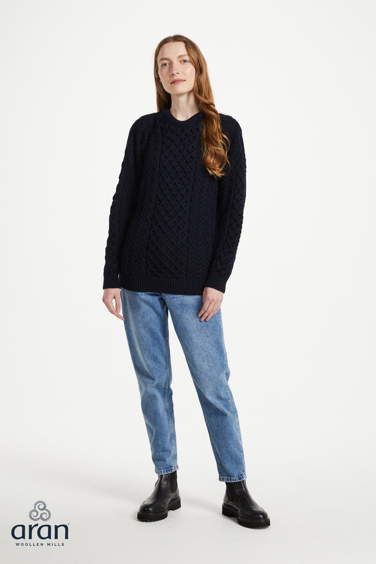 Traditioneller Aran Pullover – 100% Merinowolle - Nachtblau