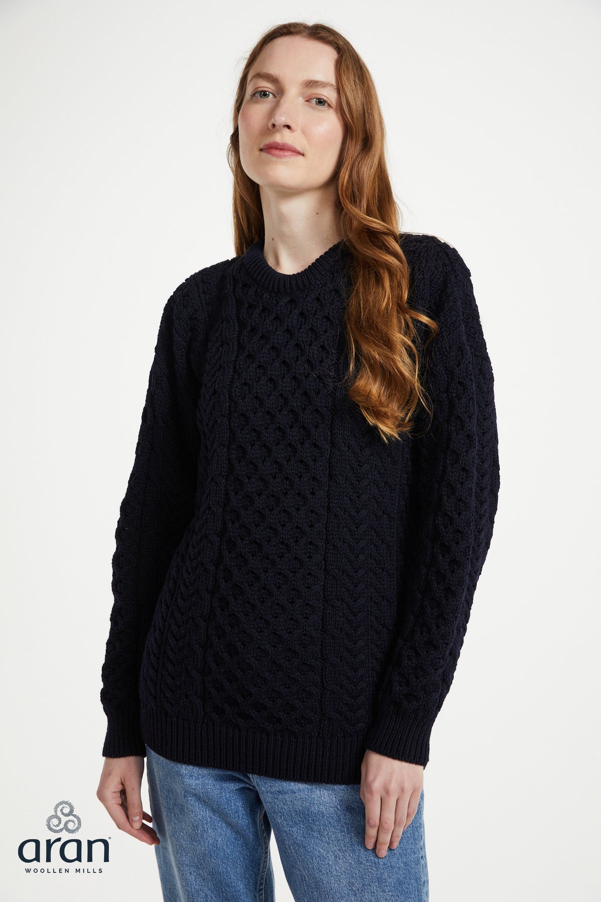 Traditioneller Aran Pullover – 100% Merinowolle - Nachtblau