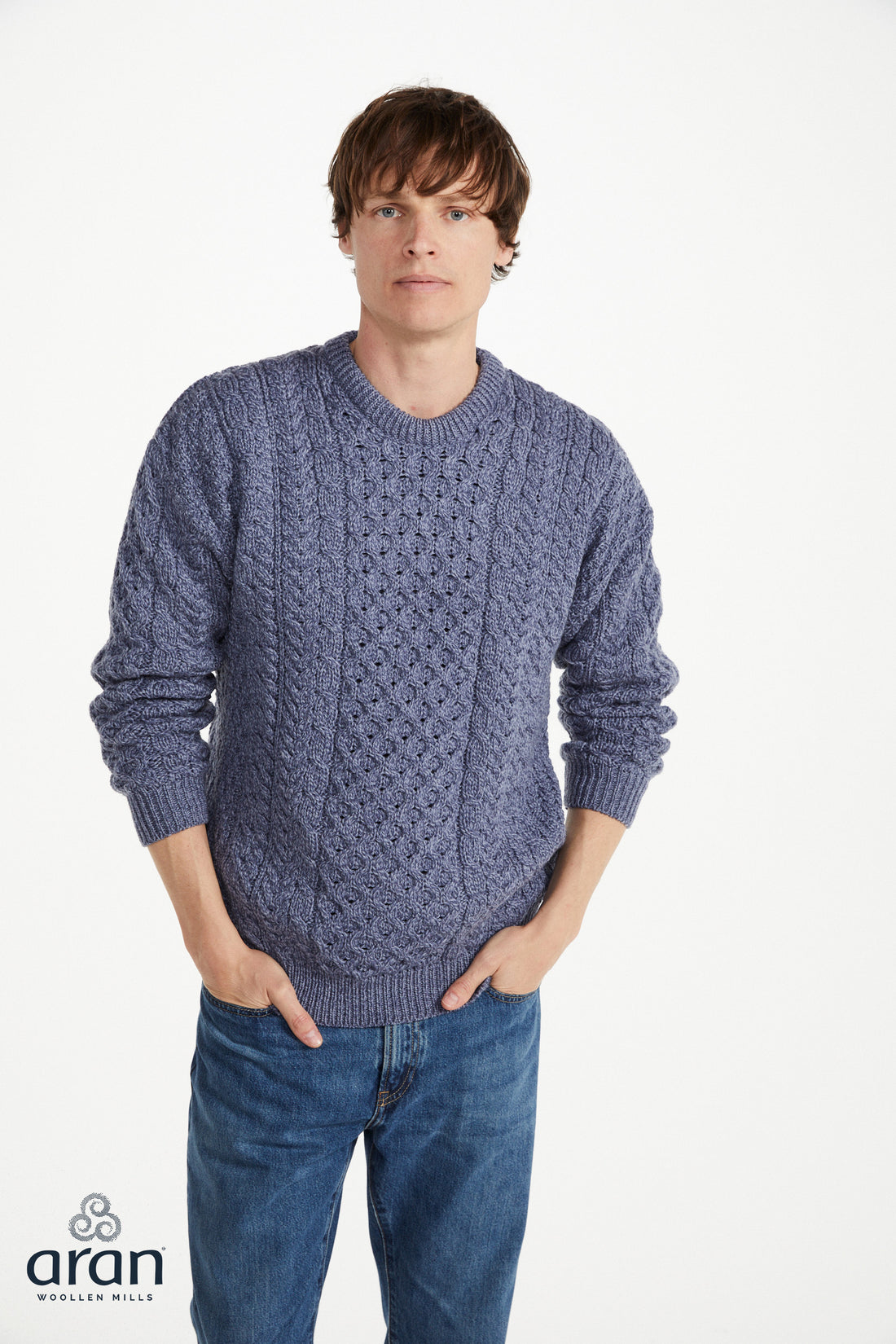 Traditioneller Aran Pullover – Denim - 100% Merinowolle