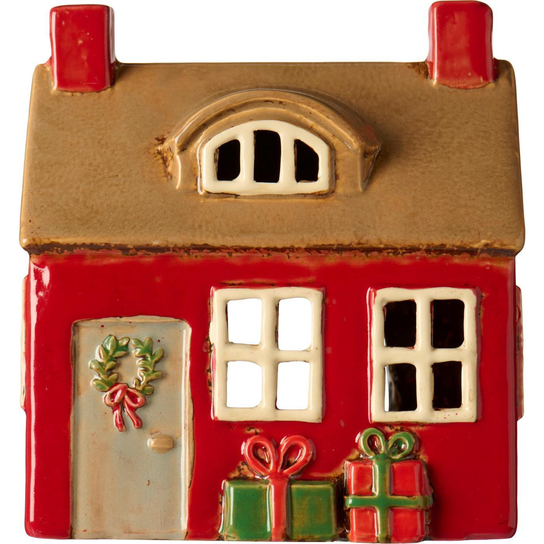 Teelichthaus Stillenat mit Türkranz und Geschenken
