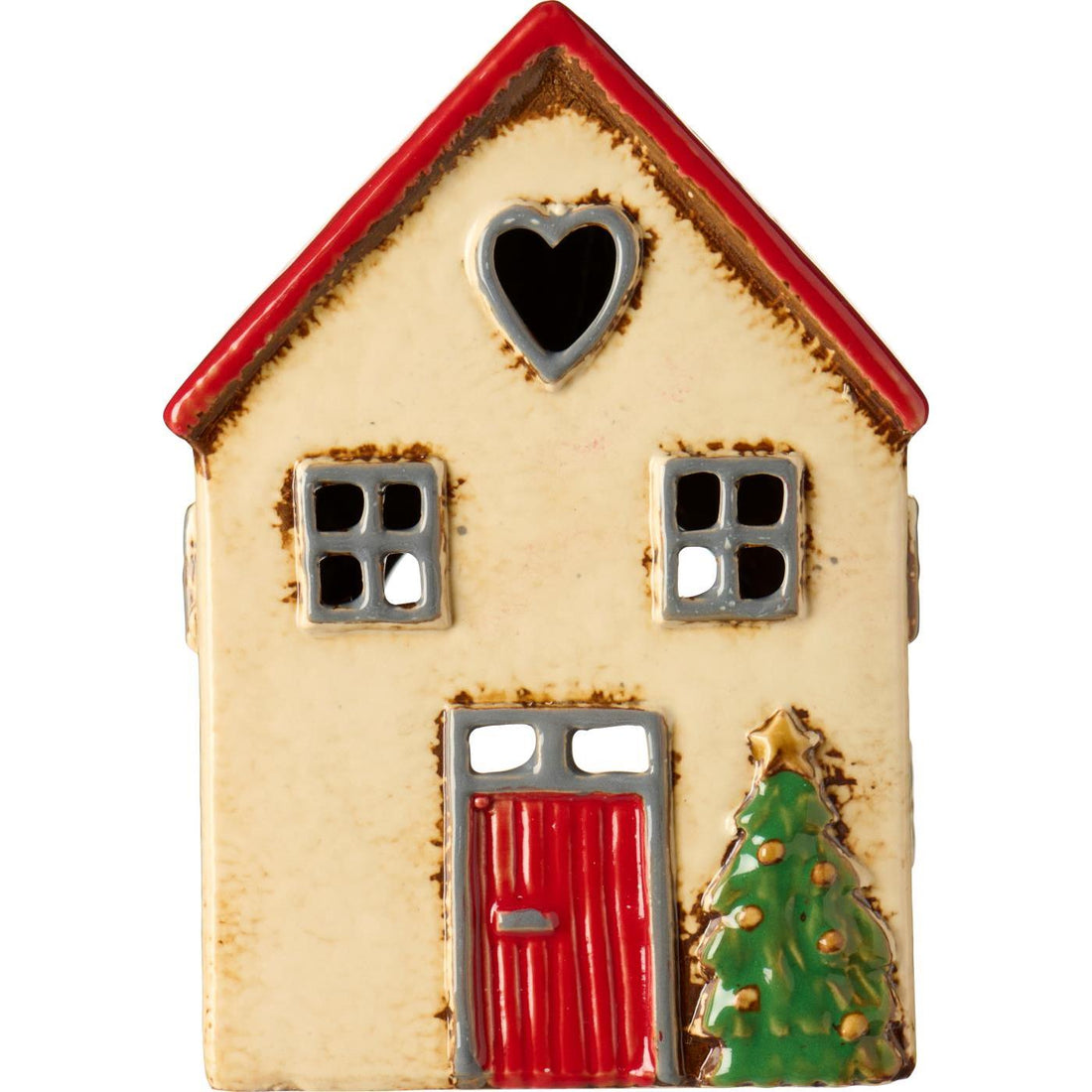 Teelichthaus Stillenat rotes Dach und Tannenbaum vor dem Haus