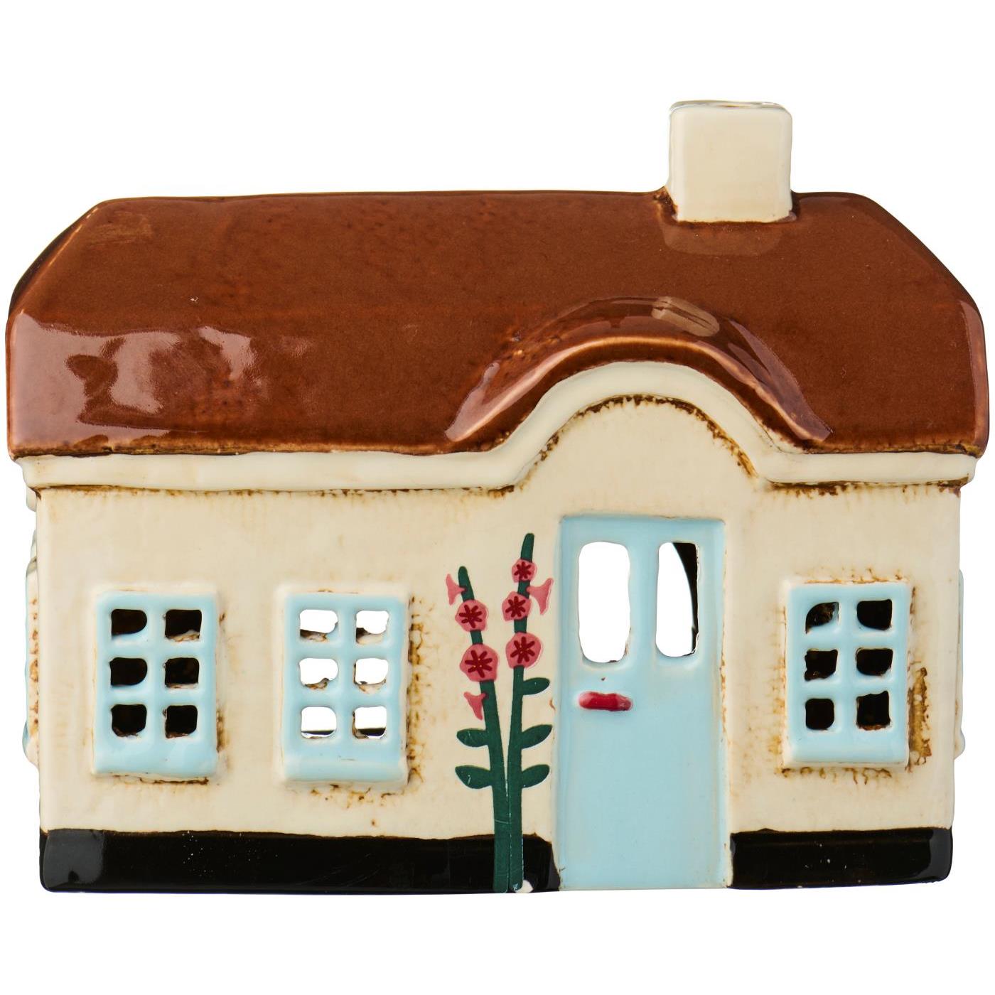 Teelichthaus Ebeltoft hellblaue Tür Stockrosen