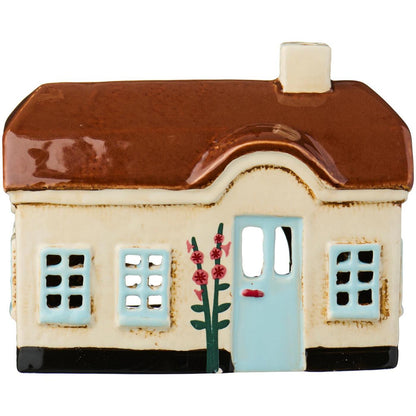 Teelichthaus Ebeltoft hellblaue Tür Stockrosen