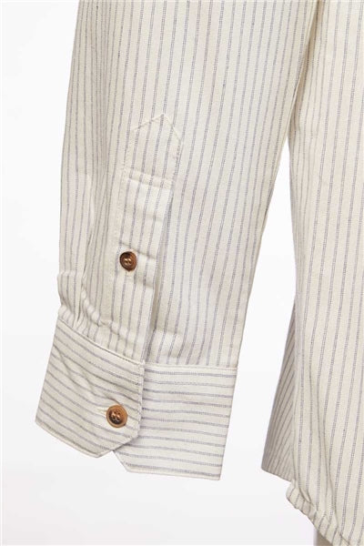 Comfort Cotton Grandfather Shirt mit Stehkragen Blaue Nadelstreifen auf Ecru