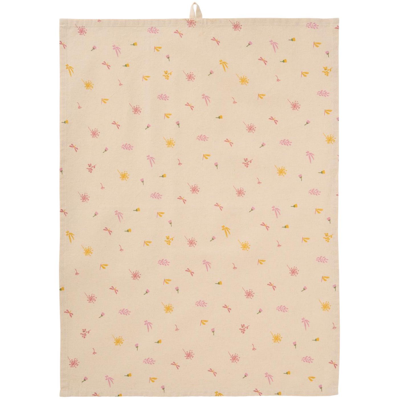 Geschirrtuch Ofelia natur mit rosa und gelben Blumen und Schmetterlingen