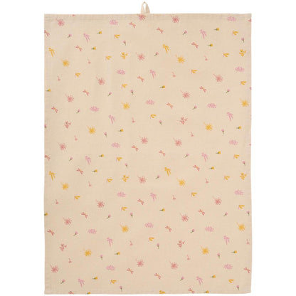 Geschirrtuch Ofelia natur mit rosa und gelben Blumen und Schmetterlingen