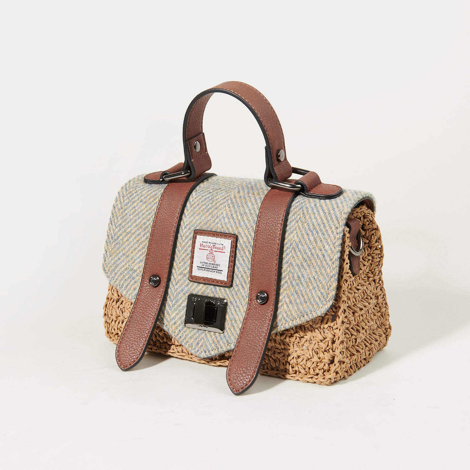 The Mini Straw Satchel Blue Cream Herringbone