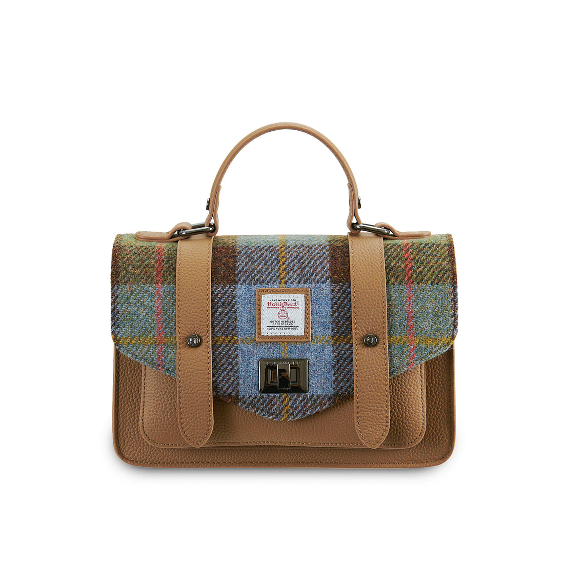The Medium Satchel Leather Chestnut and Blue Tartan