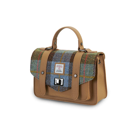The Medium Satchel Leather Chestnut and Blue Tartan