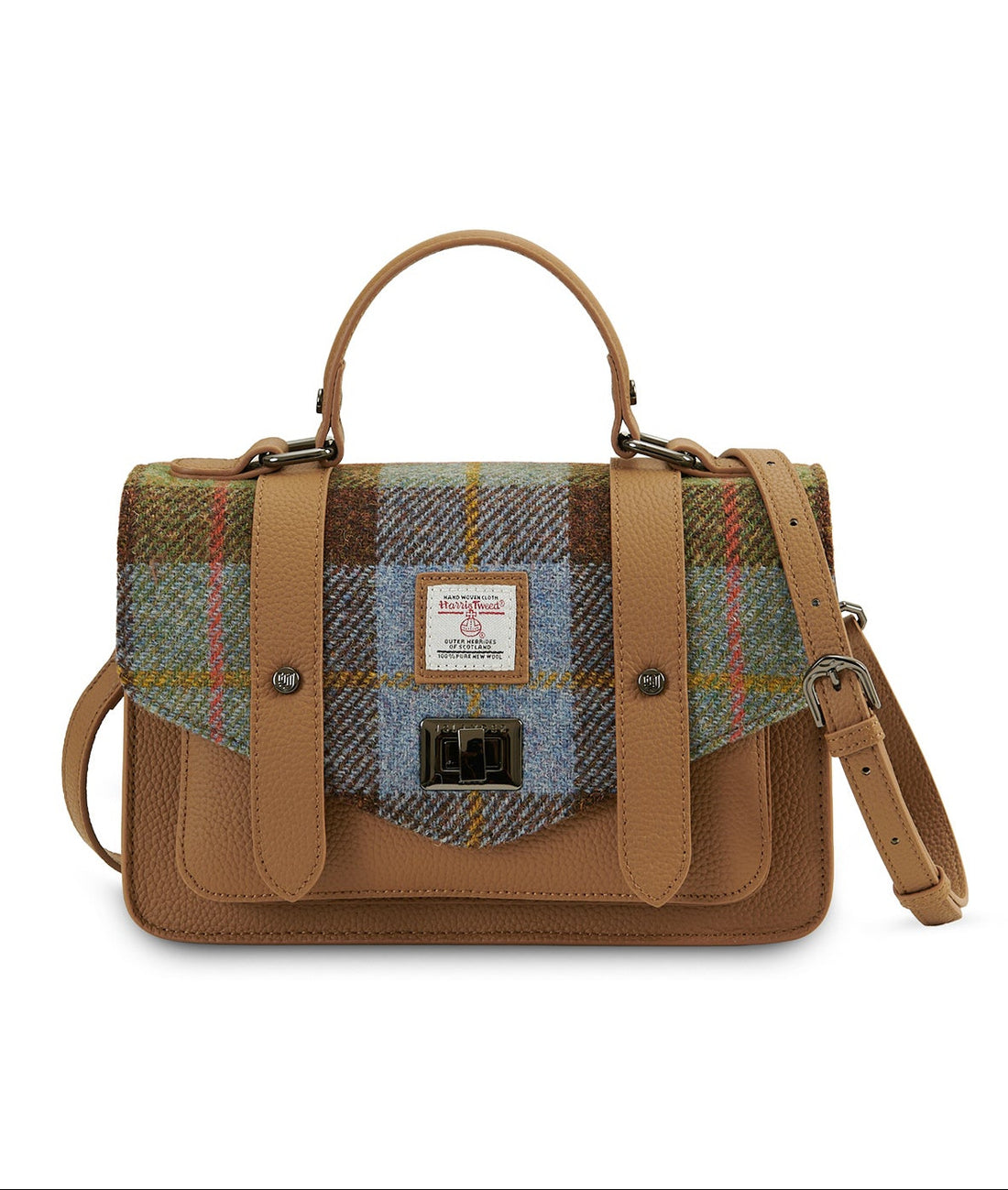 The Medium Satchel Leather Chestnut and Blue Tartan