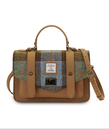 The Medium Satchel Leather Chestnut and Blue Tartan
