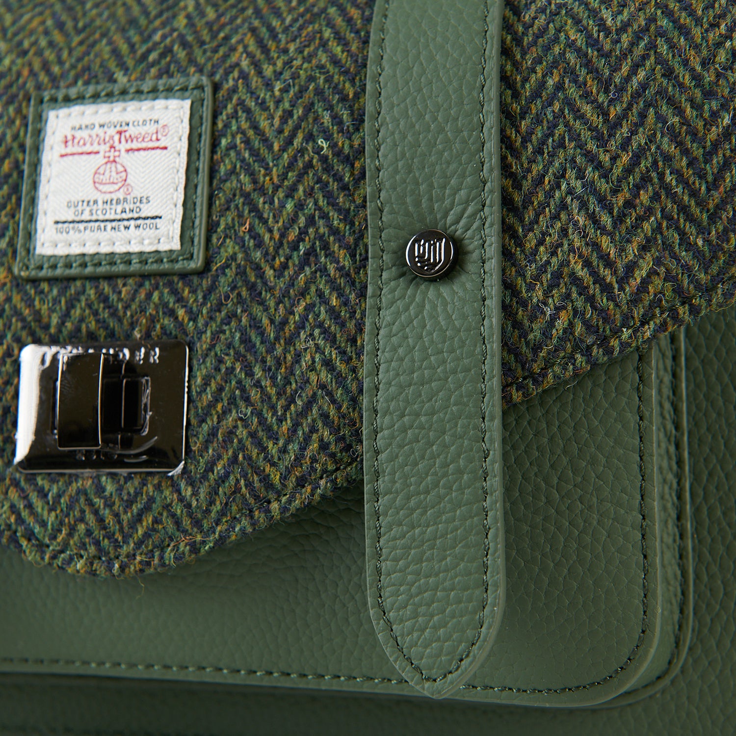 The Medium Satchel Leather Dark Green Herringbone