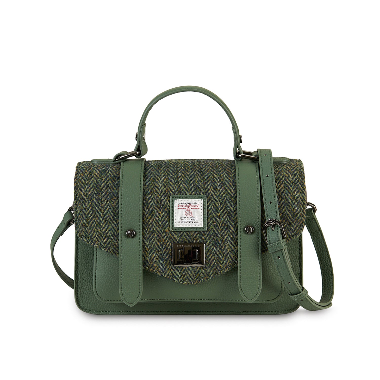 The Medium Satchel Leather Dark Green Herringbone