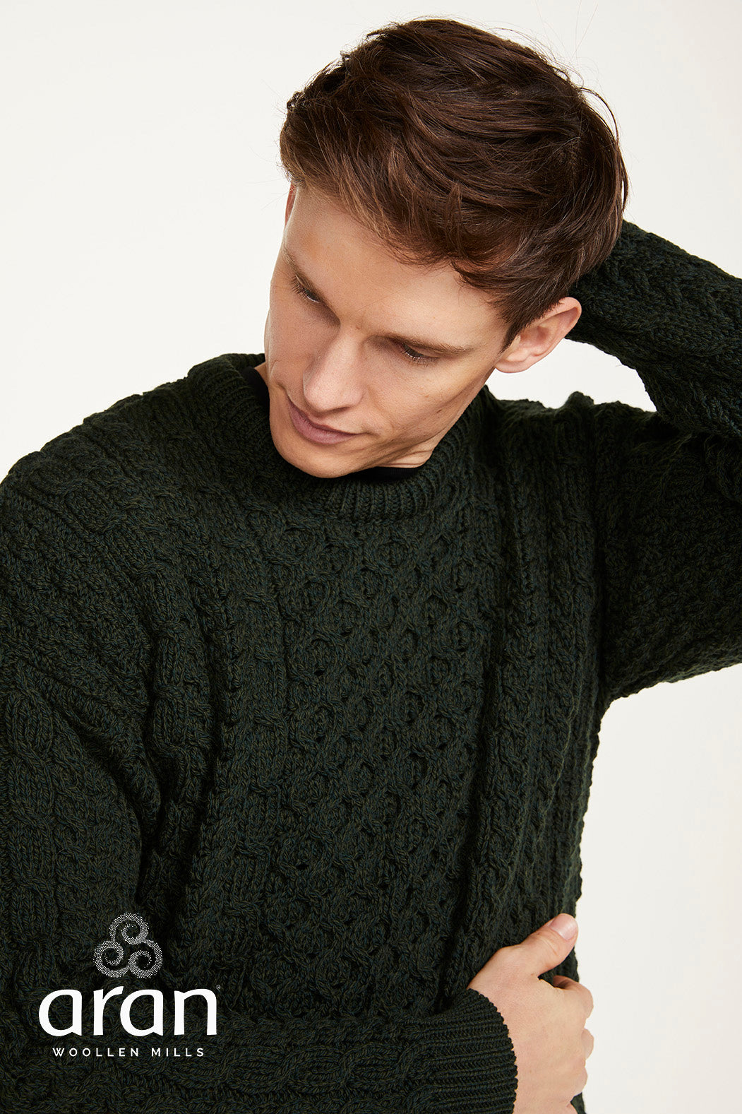 Traditioneller Aran Pullover – Unisex - 100% Merinowolle - Dunkelgrün
