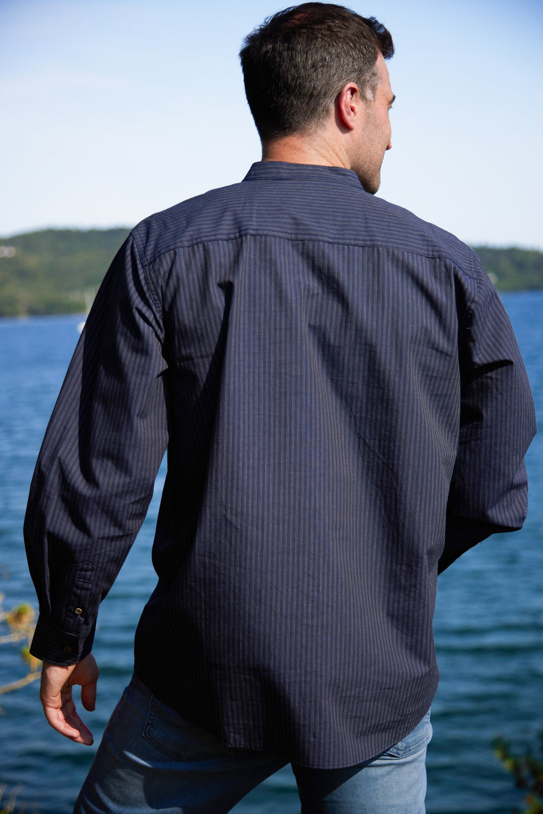 Comfort Cotton Grandfather Shirt mit Stehkragen Navy Weiß gestreift