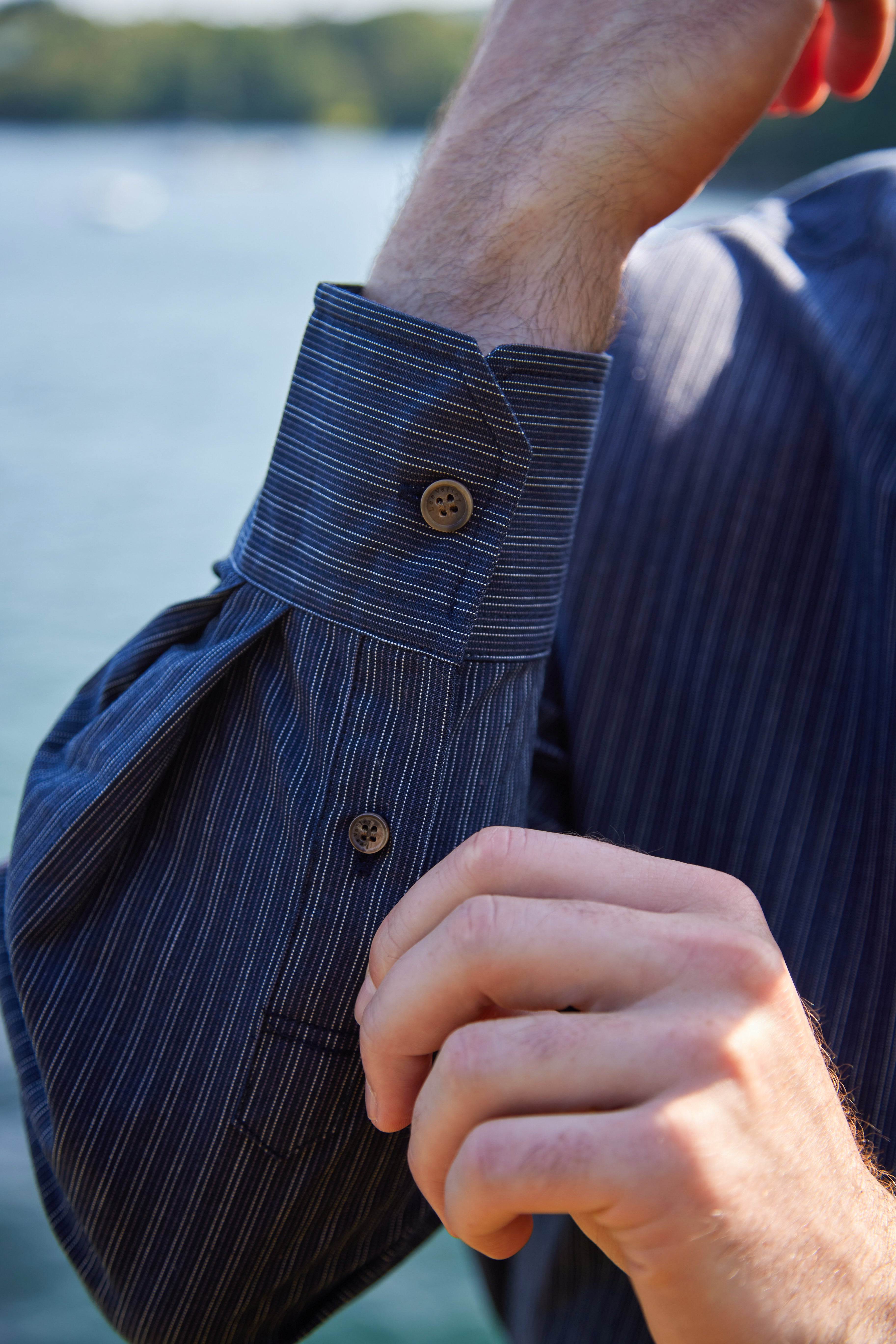 Comfort Cotton Grandfather Shirt mit Stehkragen Navy Weiß gestreift