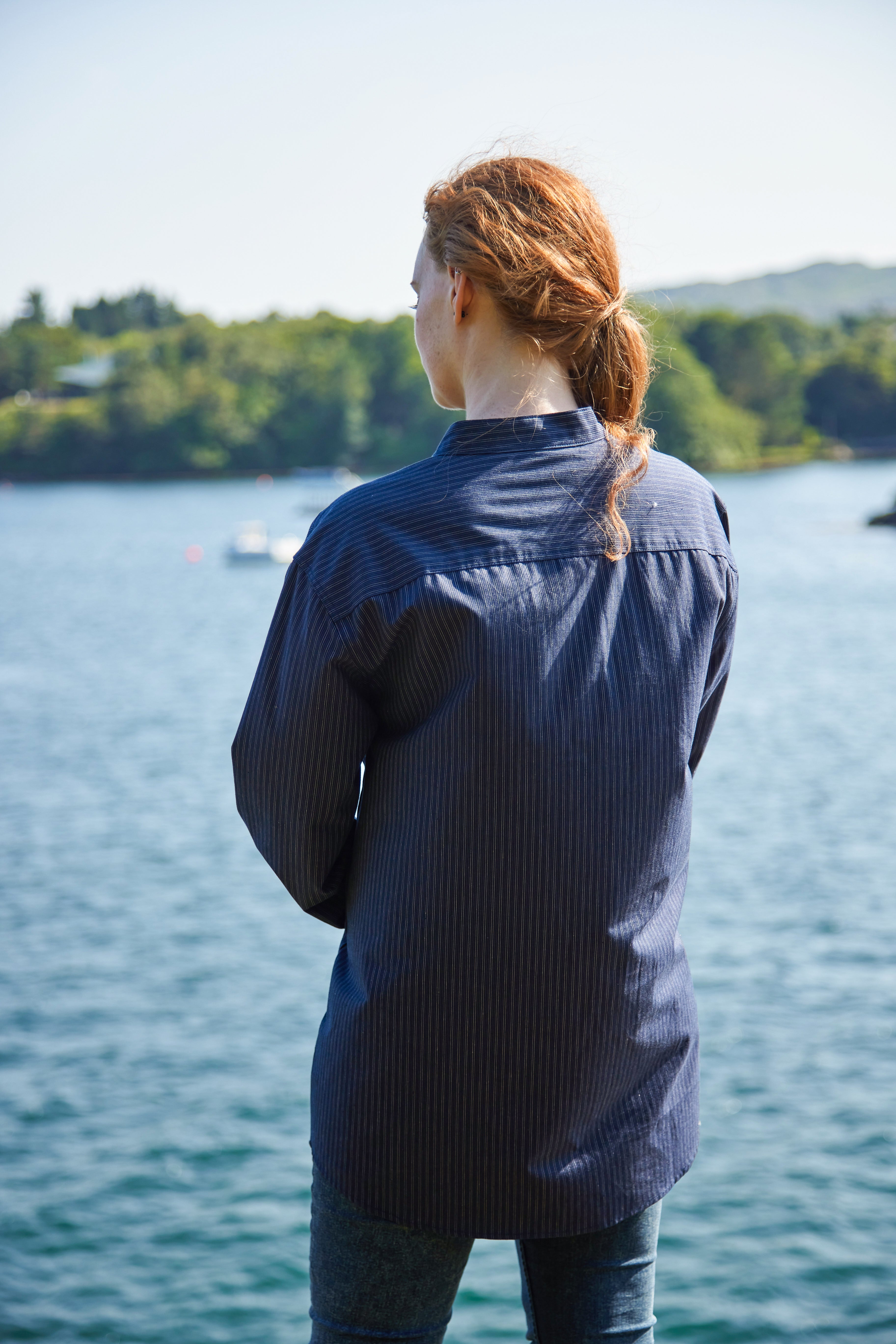 Comfort Cotton Grandfather Shirt mit Stehkragen Navy Weiß gestreift