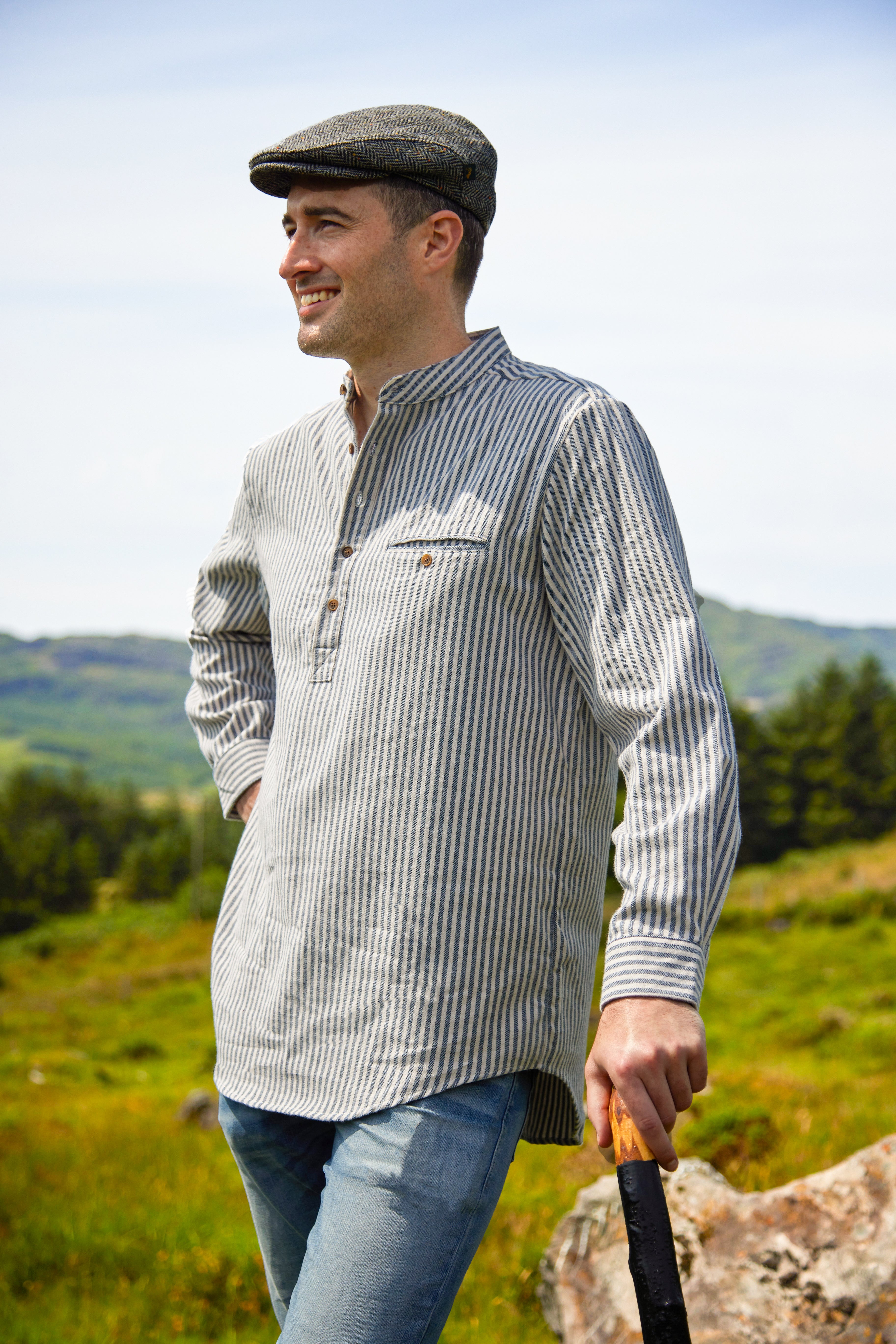 Flanell Grandfather Shirt mit Stehkragen Blue/Cream