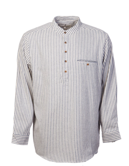 Flanell Grandfather Shirt mit Stehkragen Blue/Cream